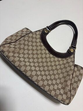 Gucci Beige/Brown Monogram Canvas Shoulder Bag with Dark Brown Trim